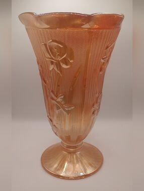 Peach Carnival Glass Floral Footed Vase